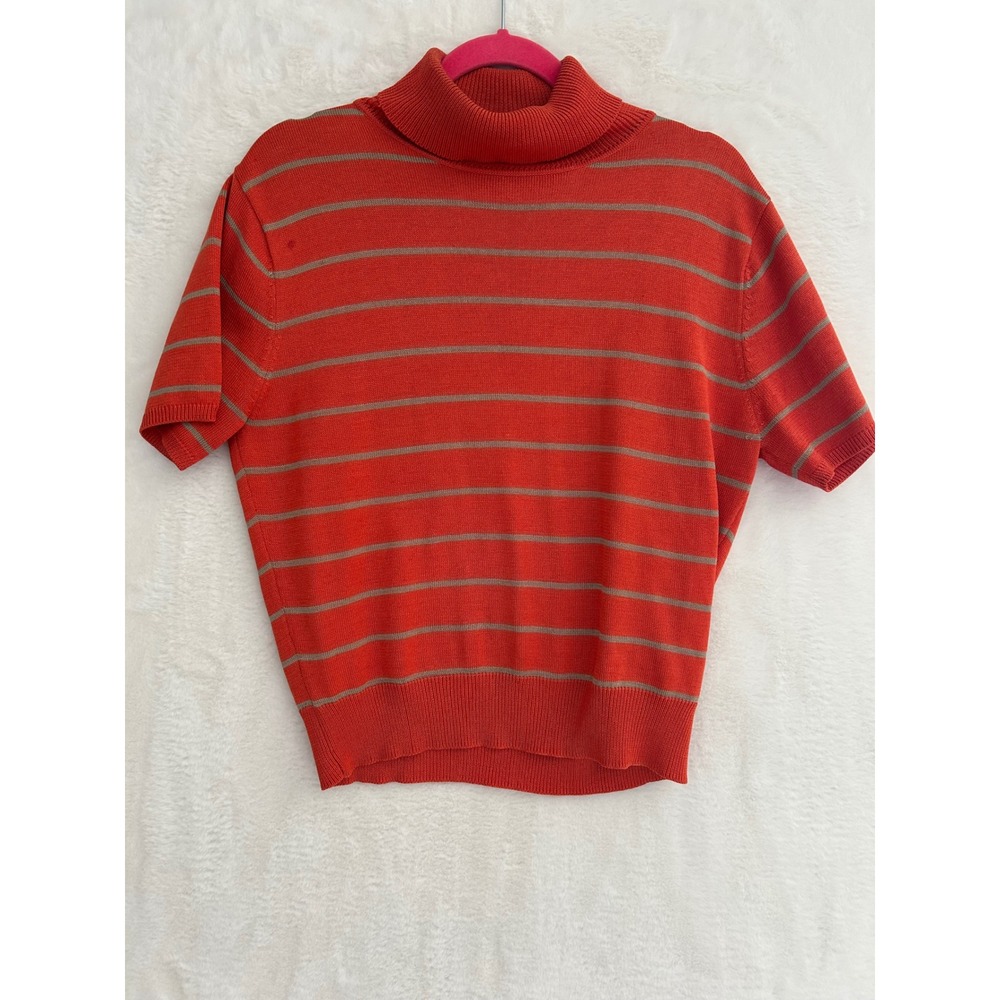 Carlisle Womens Silk Short Sleeve Turtleneck Sweater Orange Striped Size Medium